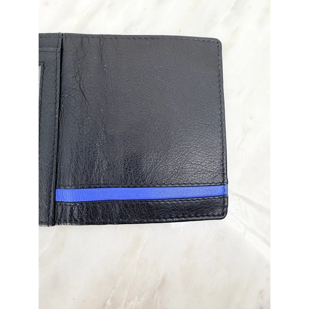Nicole Miller Mens Black Genuine Leather Bifold Wallet Blue Stripe ID Window